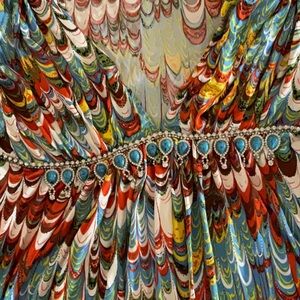 SKY multi colored top turquoise jewel band large silk absolutely stunning shirt